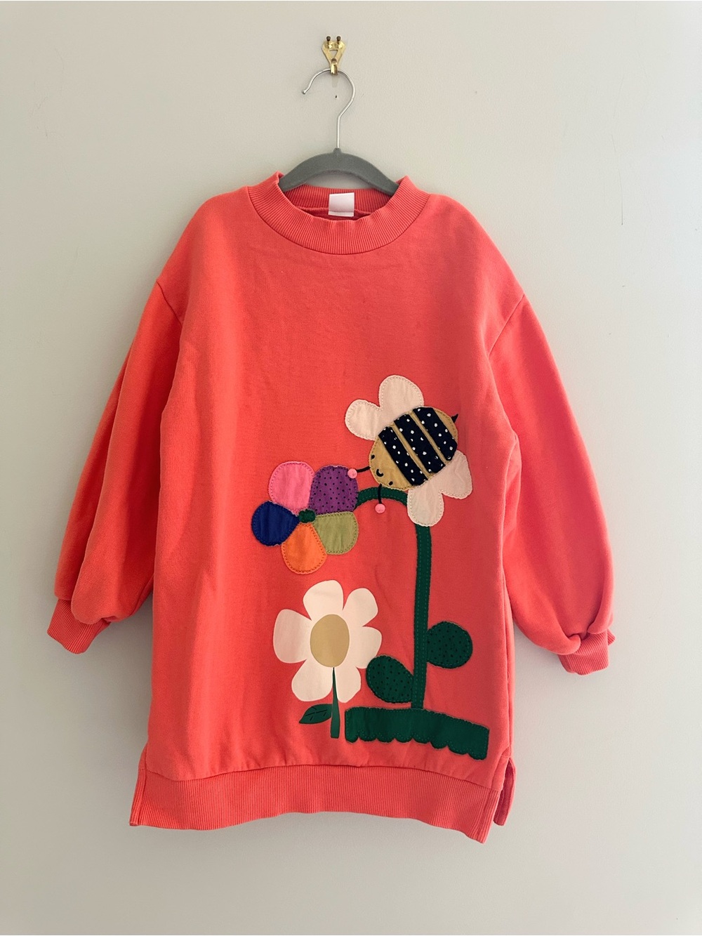 NEXT Girls Bee & Flower Appliqué Sweatshirt Dress, Size 6/7, Coral Pink